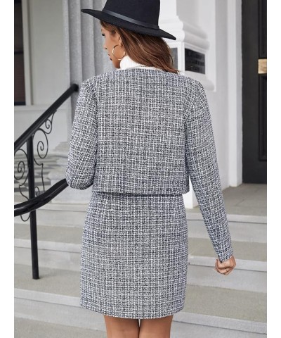 Women's 2 Piece Outfits Plaid Open Front Jacket and Button Front Mini Skirt Set Black and White $26.09 Suits