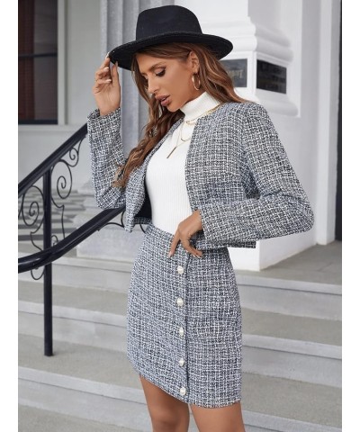 Women's 2 Piece Outfits Plaid Open Front Jacket and Button Front Mini Skirt Set Black and White $26.09 Suits