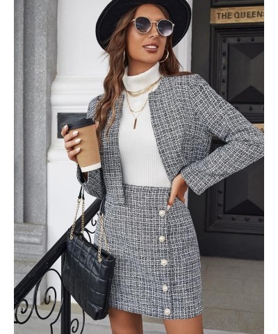 Women's 2 Piece Outfits Plaid Open Front Jacket and Button Front Mini Skirt Set Black and White $26.09 Suits