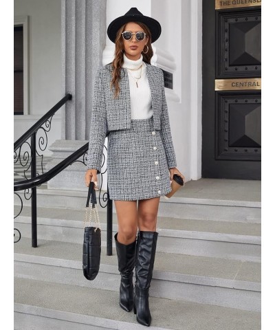 Women's 2 Piece Outfits Plaid Open Front Jacket and Button Front Mini Skirt Set Black and White $26.09 Suits