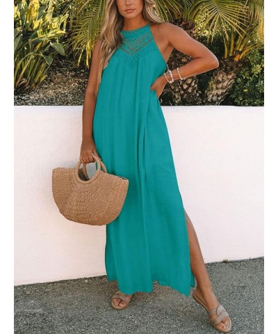 Sleeveless Long Dress for Women Boho Halter Maxi Dresses Casual Loose Sundress Split Cover Up Gown with Pockets Peacock $24.9...