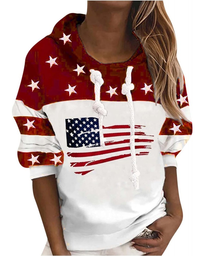 Womens Drawstring Hoodies Casual Stars Print Long Sleeve Hooded Sweatshirt Oversized American Flag Graphic Pullover Red $12.4...