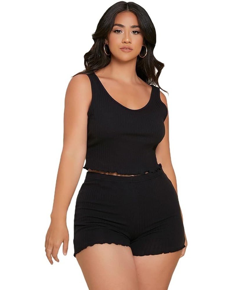 Women's Plus Size Rib Knit Crop Tank Top and Shorts Pj Set Sleepwear Black $9.98 Sleep & Lounge