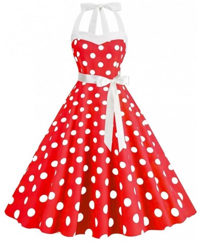 Women Vintage Spaghetti Strap Polka Dot Dress Retro 1950s A-line Swing Cocktail Party Summer Dress with Belt Lace Up Red $9.2...