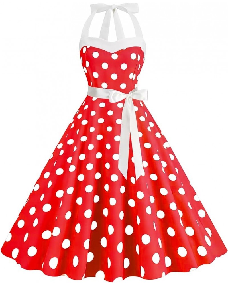 Women Vintage Spaghetti Strap Polka Dot Dress Retro 1950s A-line Swing Cocktail Party Summer Dress with Belt Lace Up Red $9.2...