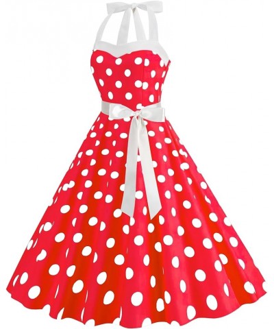 Women Vintage Spaghetti Strap Polka Dot Dress Retro 1950s A-line Swing Cocktail Party Summer Dress with Belt Lace Up Red $9.2...