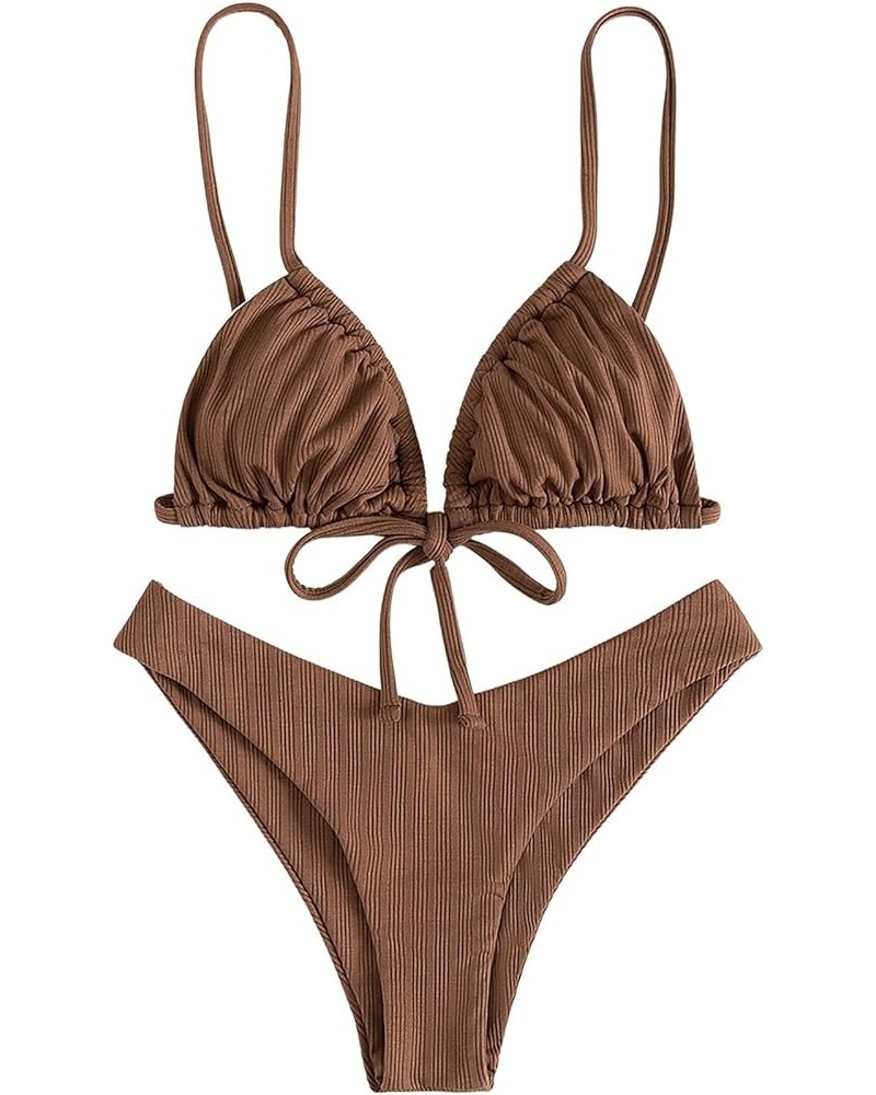 Women's Sexy Ruched Tie Front 2 Piece Bikini Set Solid High Cut Triangle Swimsuit Bathing Suits Coffee Brown $16.17 Swimsuits