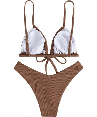 Women's Sexy Ruched Tie Front 2 Piece Bikini Set Solid High Cut Triangle Swimsuit Bathing Suits Coffee Brown $16.17 Swimsuits