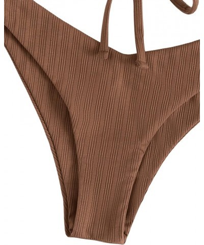 Women's Sexy Ruched Tie Front 2 Piece Bikini Set Solid High Cut Triangle Swimsuit Bathing Suits Coffee Brown $16.17 Swimsuits