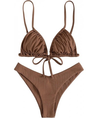 Women's Sexy Ruched Tie Front 2 Piece Bikini Set Solid High Cut Triangle Swimsuit Bathing Suits Coffee Brown $16.17 Swimsuits