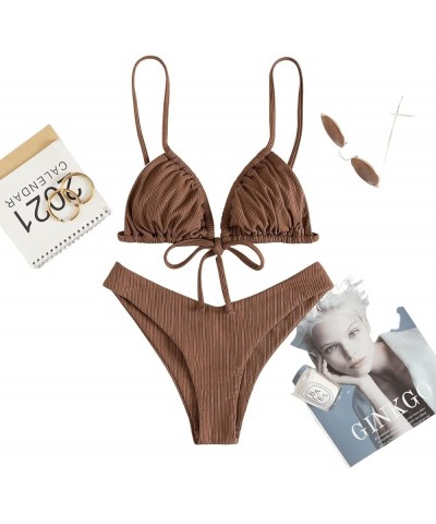 Women's Sexy Ruched Tie Front 2 Piece Bikini Set Solid High Cut Triangle Swimsuit Bathing Suits Coffee Brown $16.17 Swimsuits