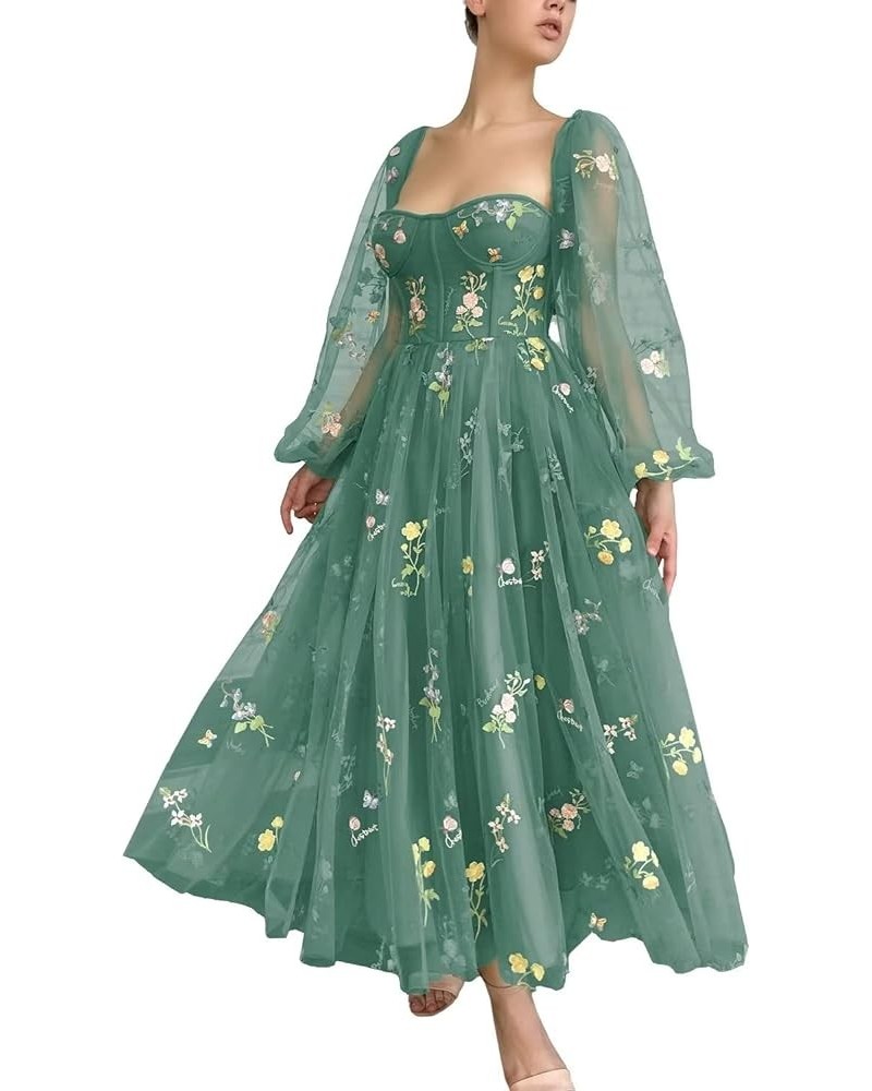 Women's Puffy Long Sleeve Prom Dress Short Flower Embroidery Lace Tea-Length Formal Tulle Evening Party Gowns Peacock-b $36.7...