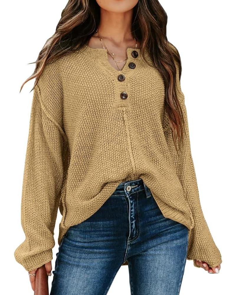 Womens V Neck Sweaters 2023 Fall Long Sleeve Waffle Knit Tops Tunic Pullover Sweater Button Casual Henley Shirts Khaki $20.99...