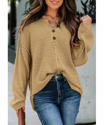 Womens V Neck Sweaters 2023 Fall Long Sleeve Waffle Knit Tops Tunic Pullover Sweater Button Casual Henley Shirts Khaki $20.99...