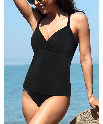 Women's Tankini Swimsuits Tops with Bra V Neck Bathing Suits Retro Ruched Swimwear Tummy Control Swim Tank Top Black $15.17 S...