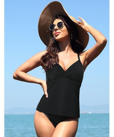 Women's Tankini Swimsuits Tops with Bra V Neck Bathing Suits Retro Ruched Swimwear Tummy Control Swim Tank Top Black $15.17 S...