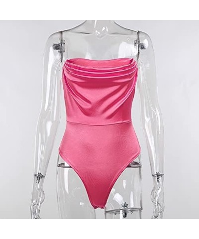 Women's Sexy Ruffle Shiny Thong Bodysuit Removable Straps Tube Tops Rose $15.94 Bodysuits