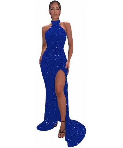 Halter Prom Dresses with Slit 2024 Sparkly Sequins Long Mermaid Formal Evening Gowns for Women A-royal Blue $39.74 Dresses