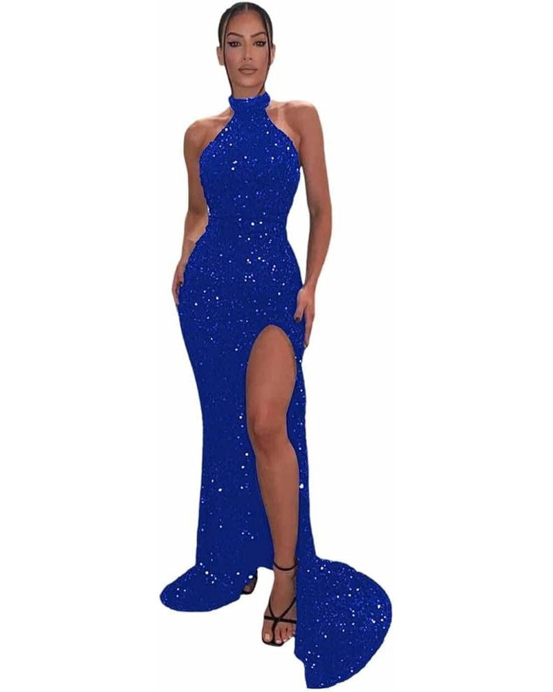 Halter Prom Dresses with Slit 2024 Sparkly Sequins Long Mermaid Formal Evening Gowns for Women A-royal Blue $39.74 Dresses