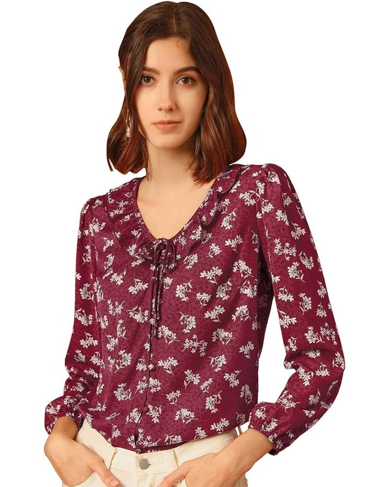 Women's Vintage Tie V Neck Shirt Fall Floral Blouse Ruffle Top Plum $10.50 Blouses