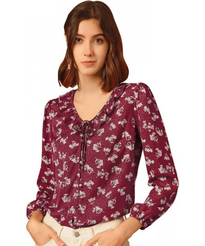 Women's Vintage Tie V Neck Shirt Fall Floral Blouse Ruffle Top Plum $10.50 Blouses