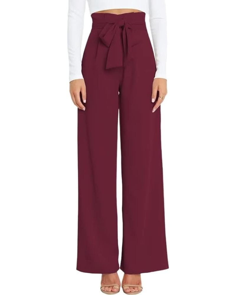 Dress Pants Women,Wide Leg Pants for Women,Smocked Waist Pants with Belt,Loose Straight Leg Flatting Pants Burgundy $20.21 Pants