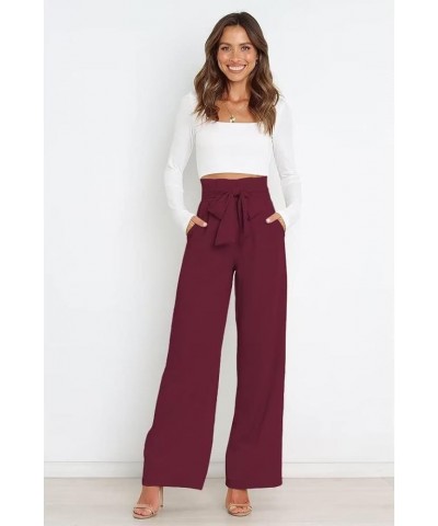 Dress Pants Women,Wide Leg Pants for Women,Smocked Waist Pants with Belt,Loose Straight Leg Flatting Pants Burgundy $20.21 Pants