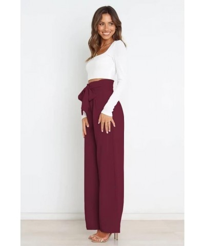 Dress Pants Women,Wide Leg Pants for Women,Smocked Waist Pants with Belt,Loose Straight Leg Flatting Pants Burgundy $20.21 Pants