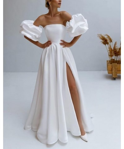 Long Sleeves Satin White Wedding Dresses for Bride Ruched V Neck Bridal Gowns A Line Prom Dresses with Slit Black Type $51.29...