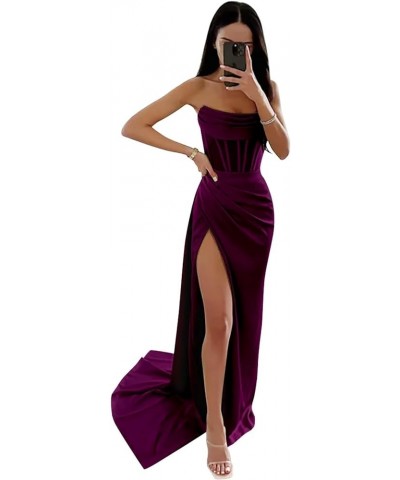 Strapless Long Prom Dresses for Women 2024 Mermaid Satin Formal Evening Dress with Slit Plum $25.30 Dresses