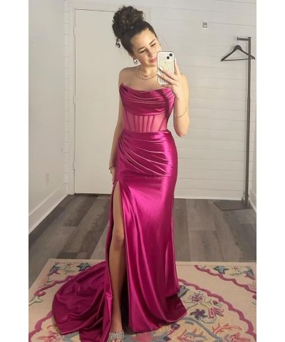 Strapless Long Prom Dresses for Women 2024 Mermaid Satin Formal Evening Dress with Slit Plum $25.30 Dresses