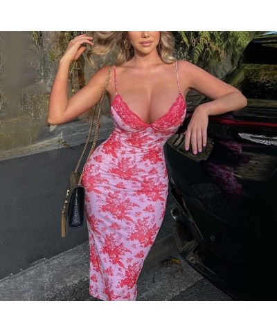 Women Floral Slip Long Dress Spaghetti Strap Printed Vintage Lace Maxi Dress Sexy Bodycon Backless Formal Dresses Midi Pink $...