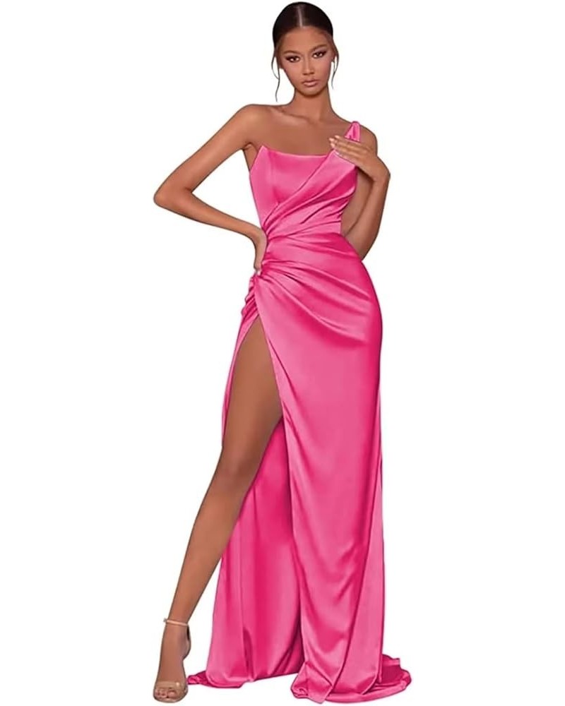 Women's One Shoulder Prom Dresses Long with Slit Pleated Satin Mermaid Bridesmaid Dress FN009 Hot Pink $27.53 Dresses