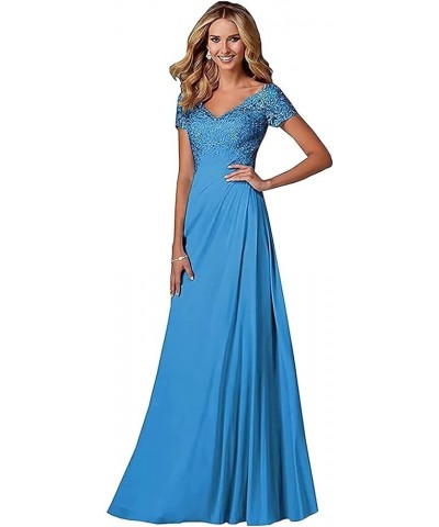 V Neck Appliques Mother of The Bride Dress Long Chiffon Prom Formal Evening Party Dresses for Women with Short Sleeves Blue $...