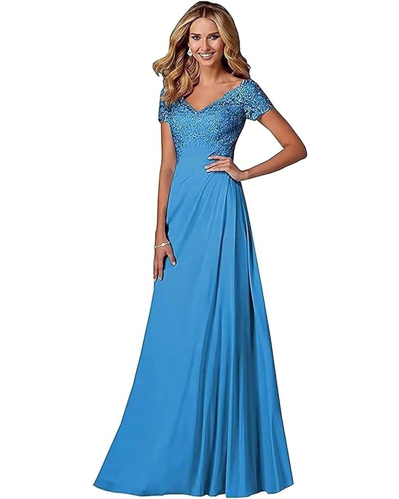 V Neck Appliques Mother of The Bride Dress Long Chiffon Prom Formal Evening Party Dresses for Women with Short Sleeves Blue $...