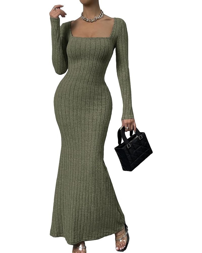 Women's Long Sleeve Square Neck Flare Long Maxi Bodycon Dress Ribbed Army Green $14.26 Dresses