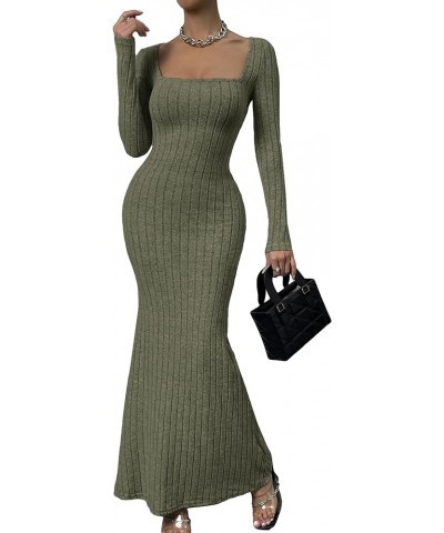 Women's Long Sleeve Square Neck Flare Long Maxi Bodycon Dress Ribbed Army Green $14.26 Dresses