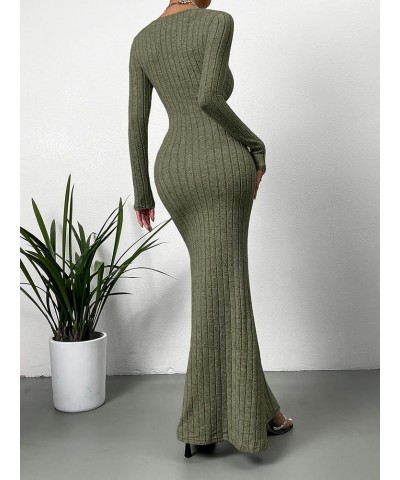 Women's Long Sleeve Square Neck Flare Long Maxi Bodycon Dress Ribbed Army Green $14.26 Dresses