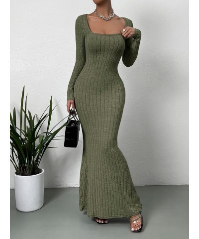 Women's Long Sleeve Square Neck Flare Long Maxi Bodycon Dress Ribbed Army Green $14.26 Dresses