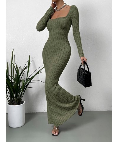 Women's Long Sleeve Square Neck Flare Long Maxi Bodycon Dress Ribbed Army Green $14.26 Dresses