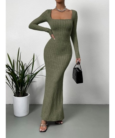 Women's Long Sleeve Square Neck Flare Long Maxi Bodycon Dress Ribbed Army Green $14.26 Dresses