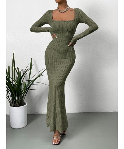 Women's Long Sleeve Square Neck Flare Long Maxi Bodycon Dress Ribbed Army Green $14.26 Dresses