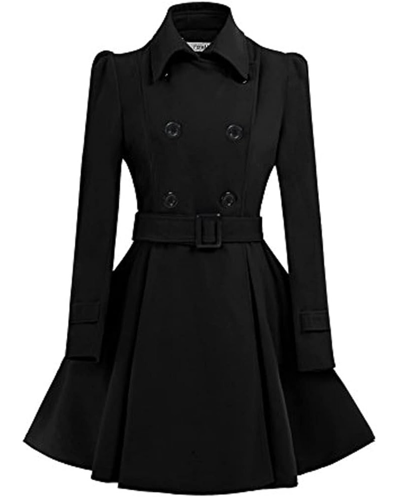 Women Swing Double Breasted Wool Pea Coat with Belt Winter Buckle Long Sleeve Trench Jacket Lapel Dresses Outwear Black $17.9...