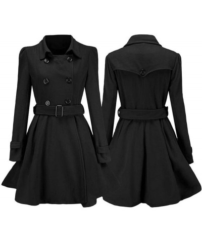 Women Swing Double Breasted Wool Pea Coat with Belt Winter Buckle Long Sleeve Trench Jacket Lapel Dresses Outwear Black $17.9...