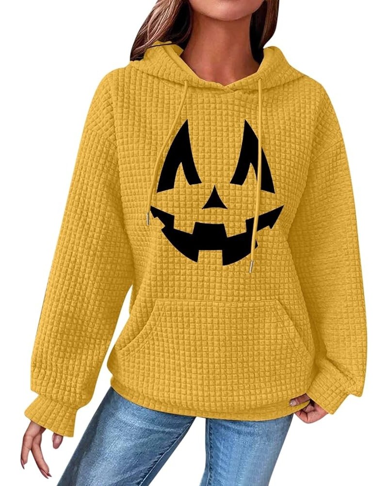 Waffle Knit Halloween Casual Hoodie Fall Sweatshirt with Pocket Fall Fashion Tops for Women Comfy Lightweight Outfits 2-yello...