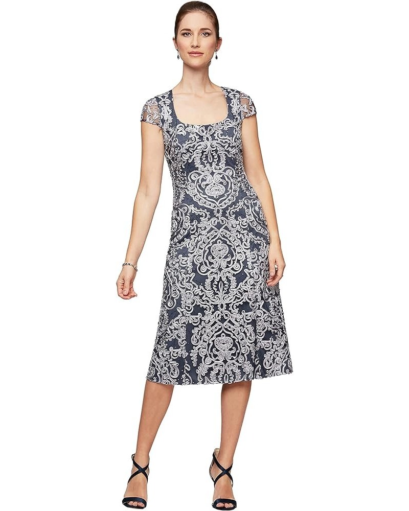 Women's Tea Length Dress with Rosette Detail Navy/Silver $46.85 Dresses