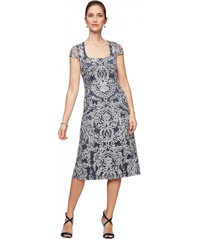 Women's Tea Length Dress with Rosette Detail Navy/Silver $46.85 Dresses