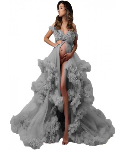 Ladies Perspective Sheer Long Pleated Robe Puffy Tulle Robe Sheer for Maternity Photoshoot with Slit Grey $43.56 Robes