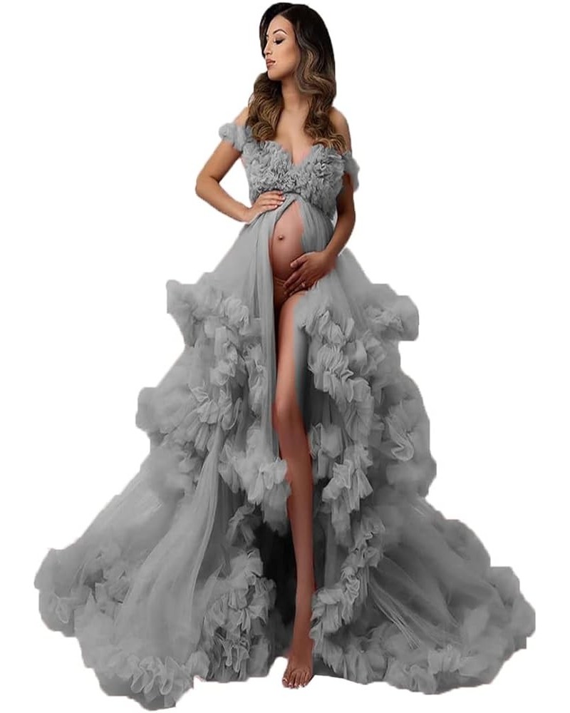 Ladies Perspective Sheer Long Pleated Robe Puffy Tulle Robe Sheer for Maternity Photoshoot with Slit Grey $43.56 Robes