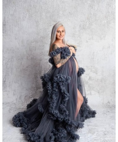 Ladies Perspective Sheer Long Pleated Robe Puffy Tulle Robe Sheer for Maternity Photoshoot with Slit Grey $43.56 Robes